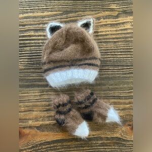 Handmade Knit Raccoon Baby hat & socks set 100% Belangor Angora Yarn 0-4 month